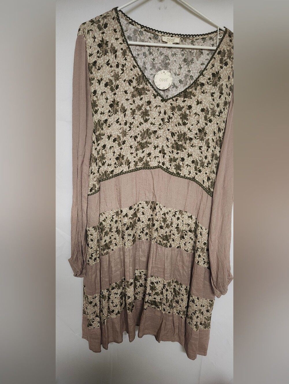 Floral Tiered Long-Sleeve Tunic Dress in Dusty Rose